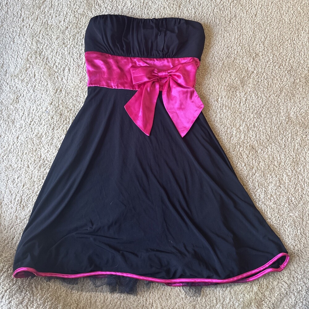 90s Does 50s Strapless Pinup Dress Black Pink Cocktail Formal Size 5 Rockabilly